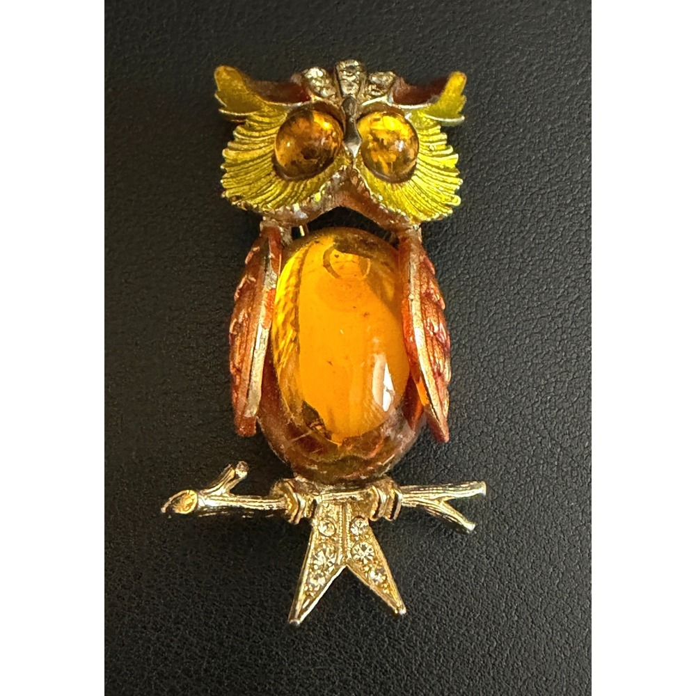 Vintage ART Owl Brooch Arthur Pepper Orange Jelly Belly Gold Tone Bird Pin